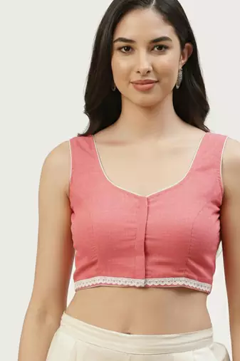 Pink cotton solid with lace trim non padded blouse