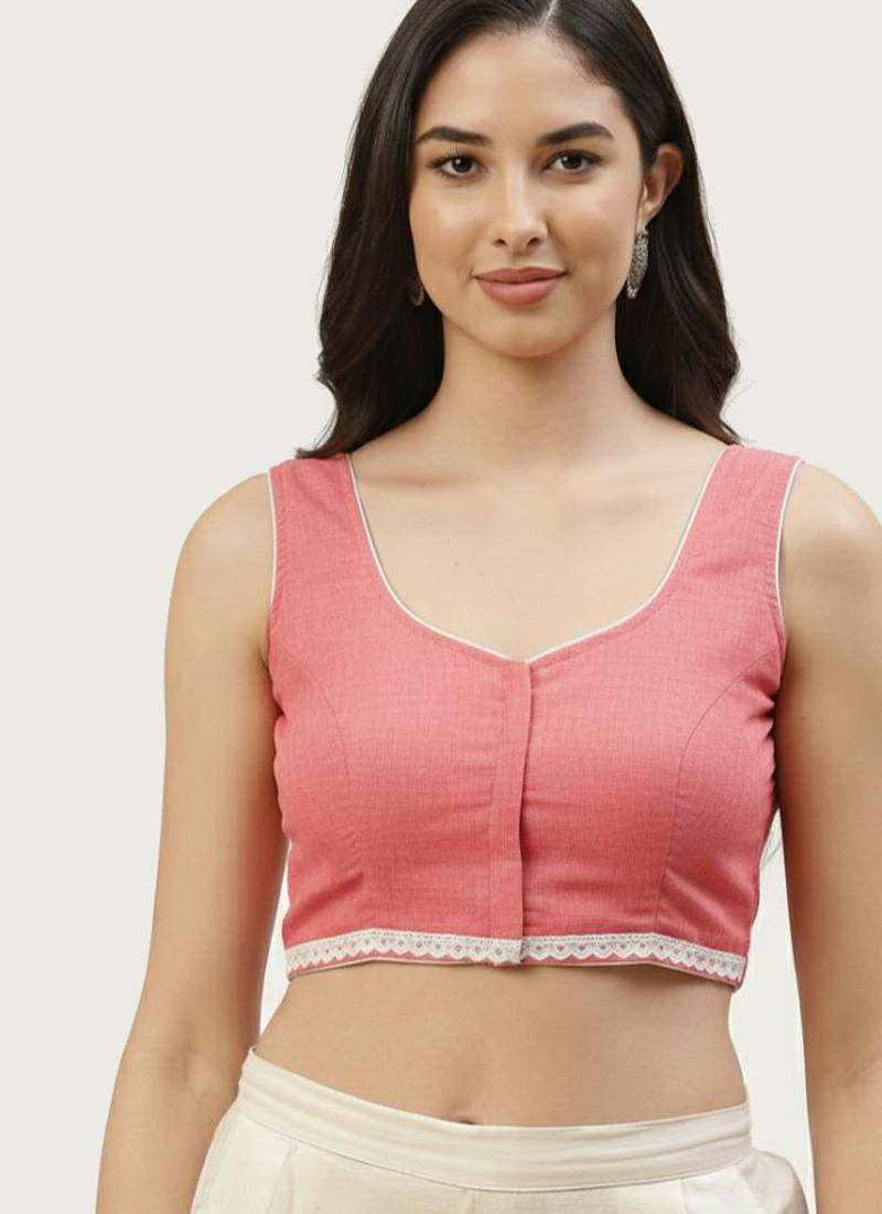 Pink cotton solid with lace trim non padded blouse