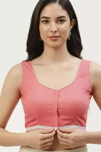 Pink cotton solid with lace trim non padded blouse