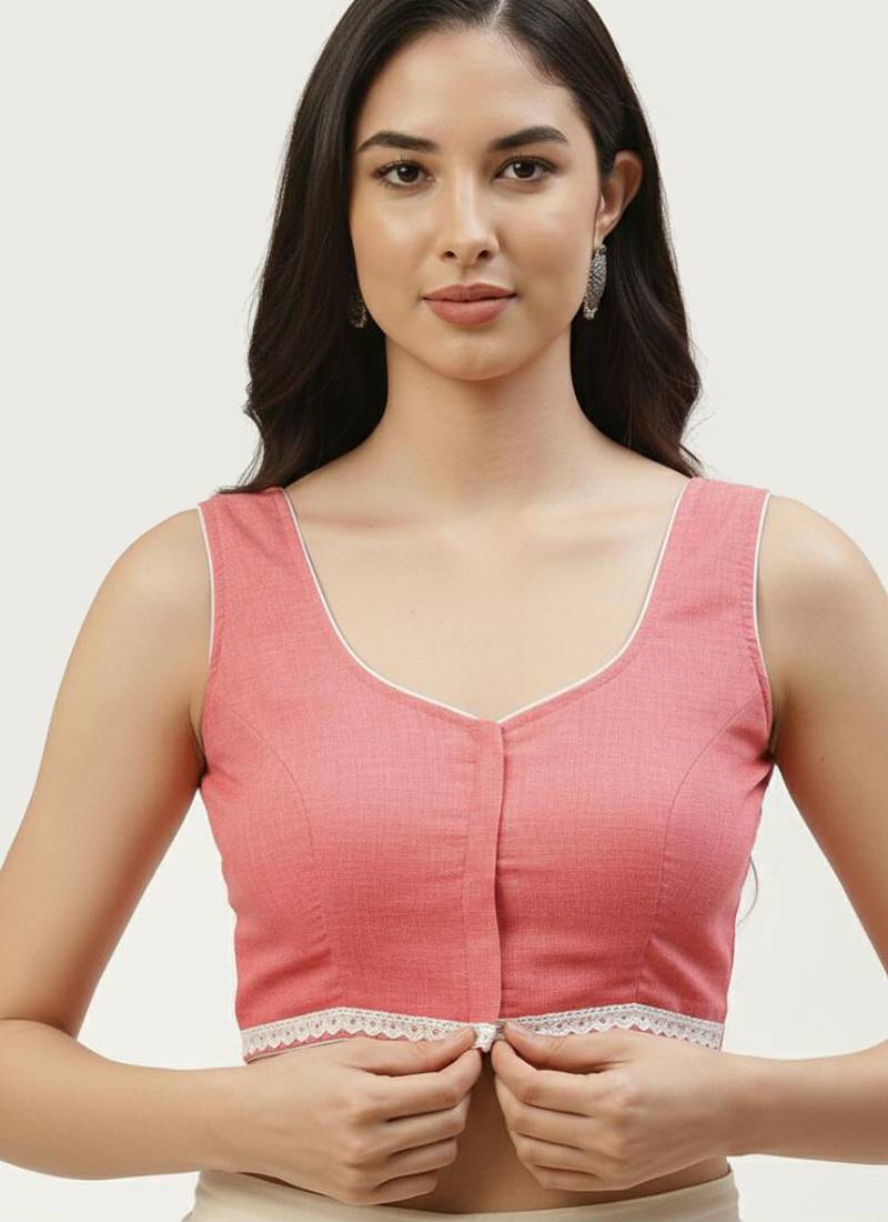 Pink cotton solid with lace trim non padded blouse