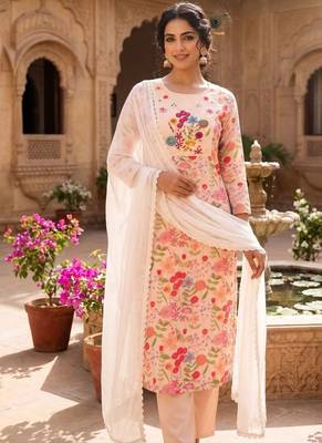 Women pink floral straight kurta with trousers & dupatta 3