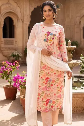 Women pink floral straight kurta with trousers & dupatta