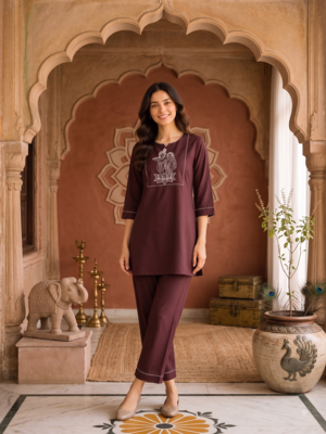 New latest trendy classic chocolate  embroidered kurti with matching trouser set 1