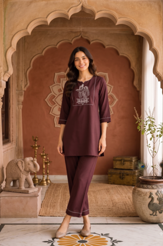 New latest trendy classic chocolate  embroidered kurti with matching trouser set