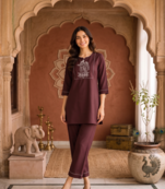 New latest trendy classic chocolate  embroidered kurti with matching trouser set
