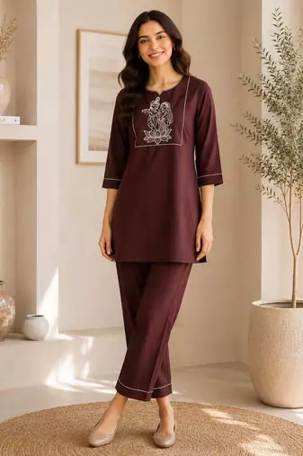 New latest trendy classic chocolate  embroidered kurti with matching trouser set