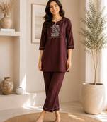 New latest trendy classic chocolate  embroidered kurti with matching trouser set
