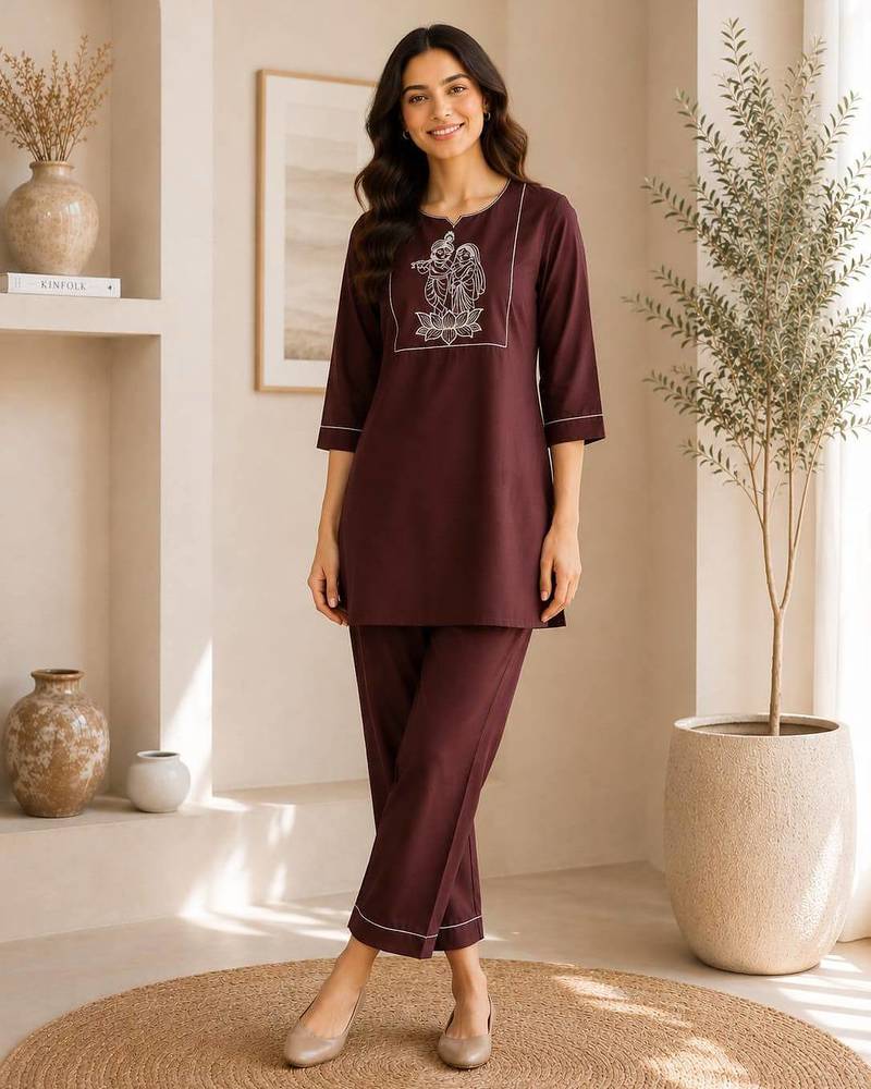 New latest trendy classic chocolate  embroidered kurti with matching trouser set