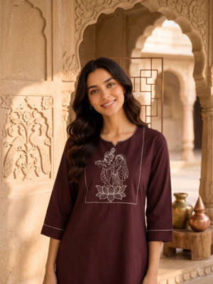 New latest trendy classic chocolate  embroidered kurti with matching trouser set 2