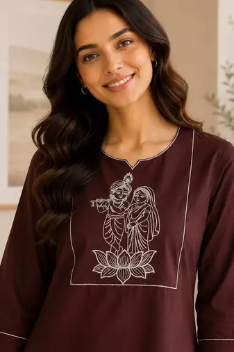New latest trendy classic chocolate  embroidered kurti with matching trouser set