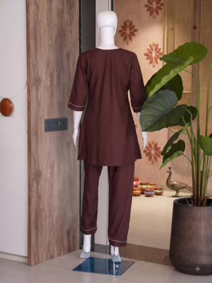 New latest trendy classic chocolate  embroidered kurti with matching trouser set 3