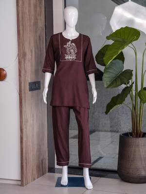 New latest trendy classic chocolate  embroidered kurti with matching trouser set 4