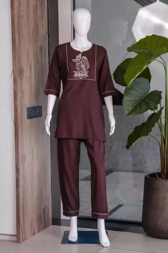New latest trendy classic chocolate  embroidered kurti with matching trouser set