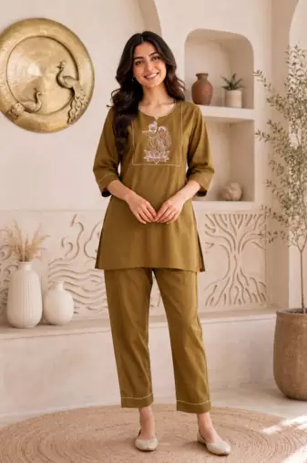 New latest trendy classic gold embroidered kurti with matching trouser set