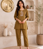 New latest trendy classic gold embroidered kurti with matching trouser set