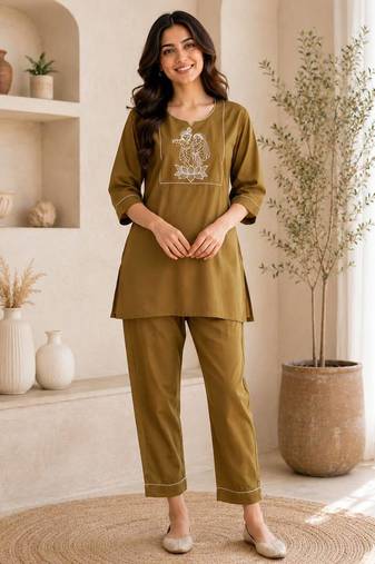 New latest trendy classic gold embroidered kurti with matching trouser set