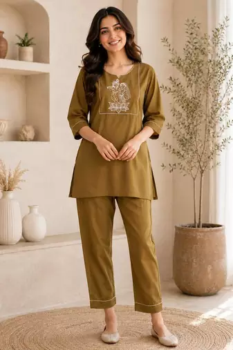 New latest trendy classic gold embroidered kurti with matching trouser set