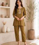 New latest trendy classic gold embroidered kurti with matching trouser set