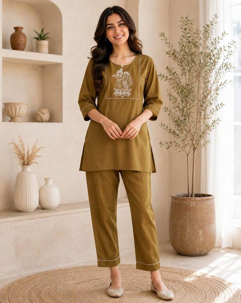 New latest trendy classic gold embroidered kurti with matching trouser set