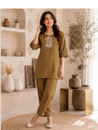 New latest trendy classic gold embroidered kurti with matching trouser set 3