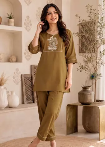 New latest trendy classic gold embroidered kurti with matching trouser set