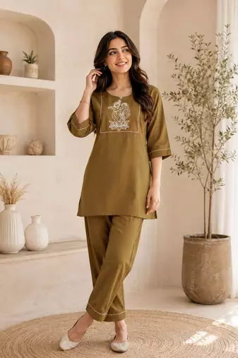 New latest trendy classic gold embroidered kurti with matching trouser set