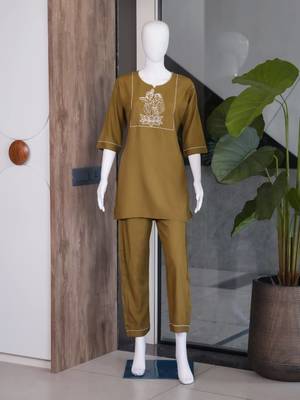 New latest trendy classic gold embroidered kurti with matching trouser set 4