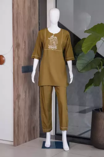 New latest trendy classic gold embroidered kurti with matching trouser set