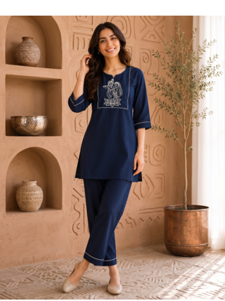 New latest trendy classic navy blue embroidered kurti with matching trouser set 1