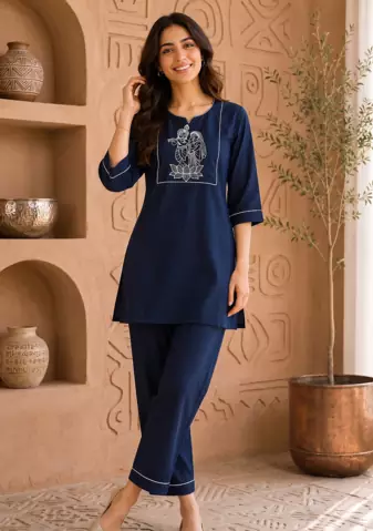 New latest trendy classic navy blue embroidered kurti with matching trouser set