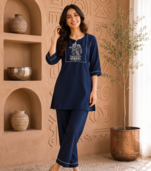 New latest trendy classic navy blue embroidered kurti with matching trouser set