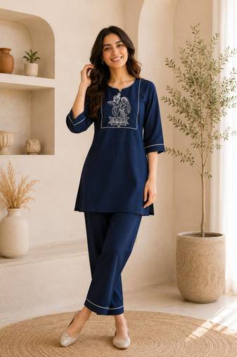 New latest trendy classic navy blue embroidered kurti with matching trouser set