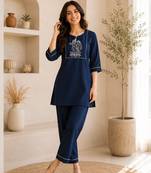 New latest trendy classic navy blue embroidered kurti with matching trouser set