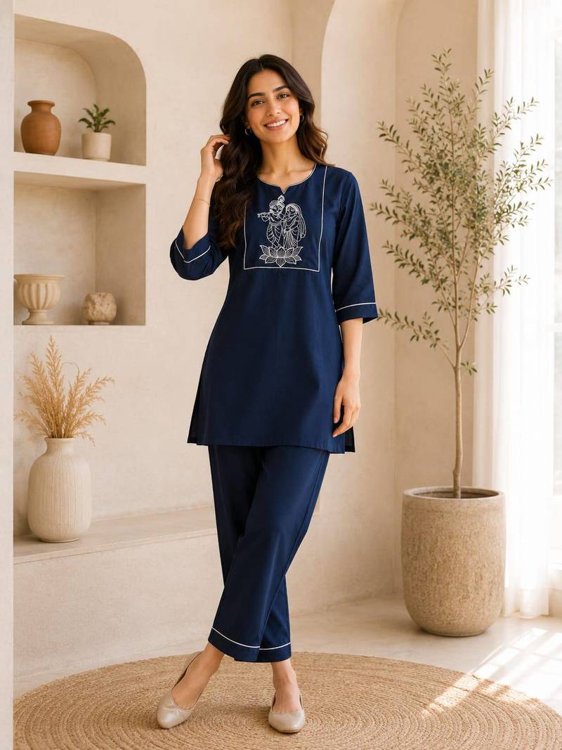 New latest trendy classic navy blue embroidered kurti with matching trouser set