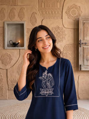 New latest trendy classic navy blue embroidered kurti with matching trouser set 2