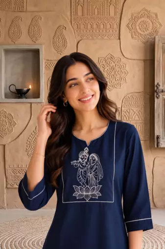 New latest trendy classic navy blue embroidered kurti with matching trouser set
