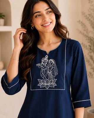 New latest trendy classic navy blue embroidered kurti with matching trouser set 2
