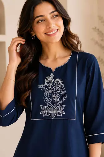 New latest trendy classic navy blue embroidered kurti with matching trouser set