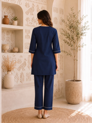 New latest trendy classic navy blue embroidered kurti with matching trouser set 3