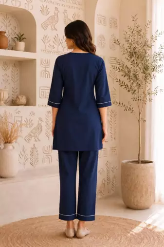 New latest trendy classic navy blue embroidered kurti with matching trouser set