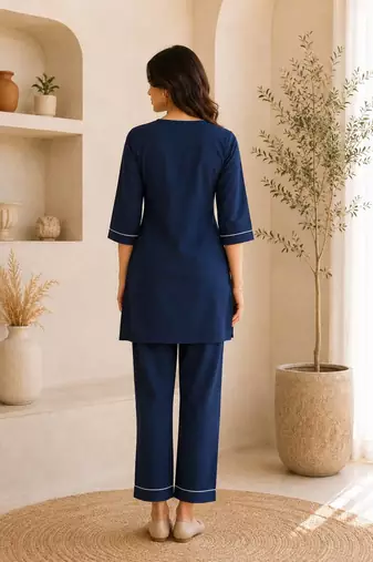 New latest trendy classic navy blue embroidered kurti with matching trouser set