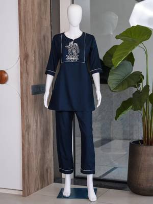 New latest trendy classic navy blue embroidered kurti with matching trouser set 4