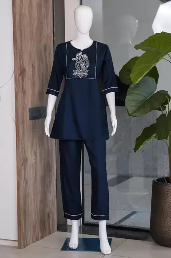 New latest trendy classic navy blue embroidered kurti with matching trouser set