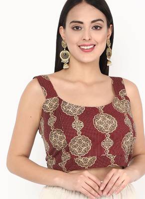 Maroon cotton ajrak printed non padded blouse 4