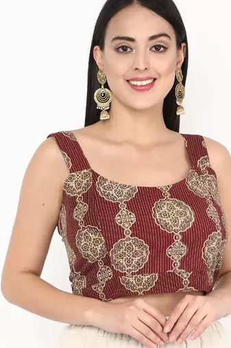 Maroon cotton ajrak printed non padded blouse