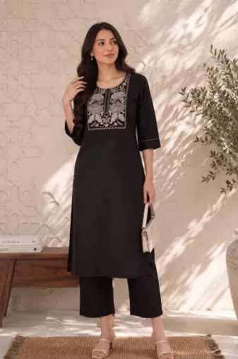 New women's latest black cotton blend floral embroidered kurta with trouser set
