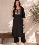 New women's latest black cotton blend floral embroidered kurta with trouser set