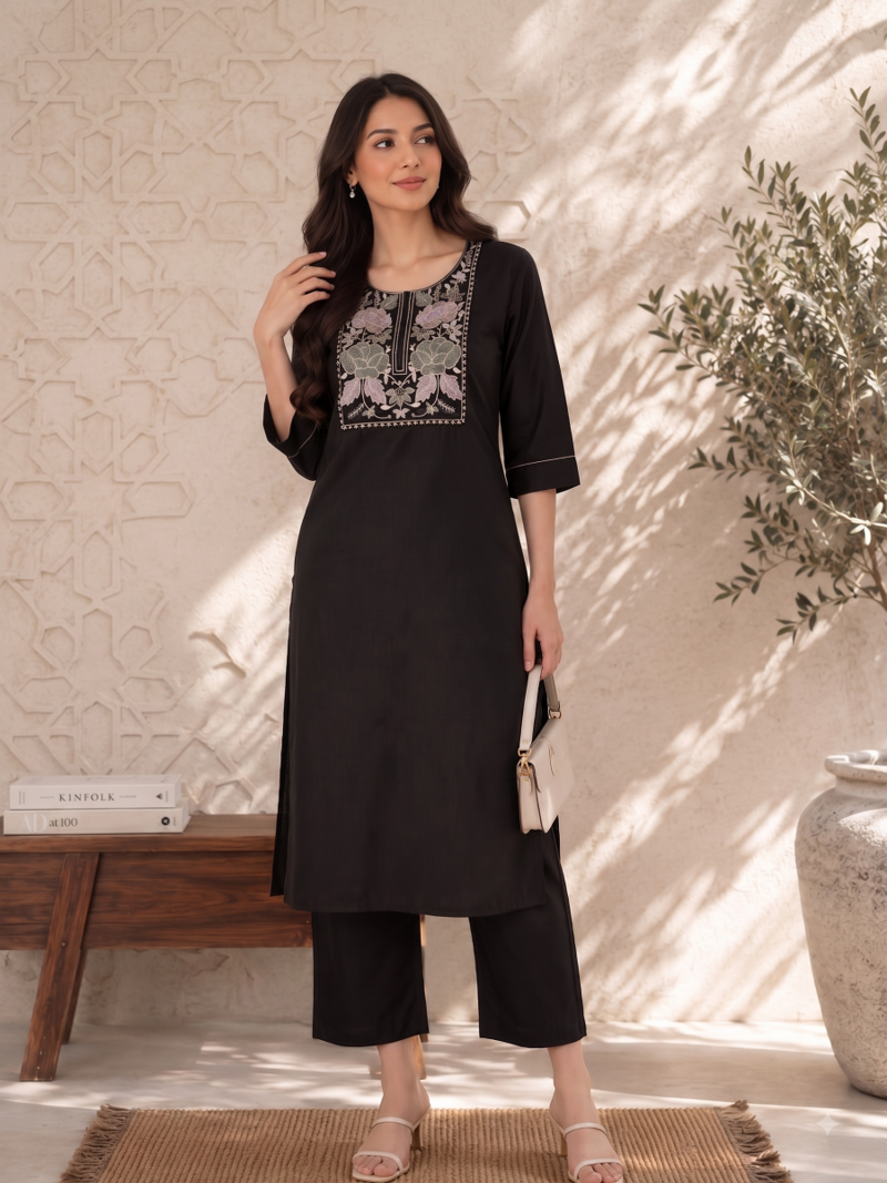 New women's latest black cotton blend floral embroidered kurta with trouser set