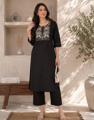 New women's latest black cotton blend floral embroidered kurta with trouser set 1