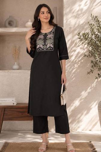 New women's latest black cotton blend floral embroidered kurta with trouser set